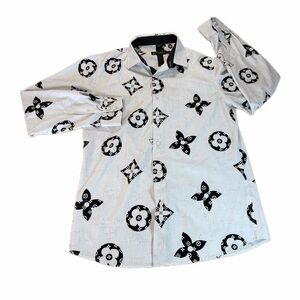 Chuxx Italy Design Men’s Button Up Shirt M Velvet Print White Black Long Sleeve